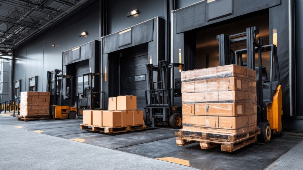Forklifts moving pallets of boxes and packaged goods at a warehouse loading dock